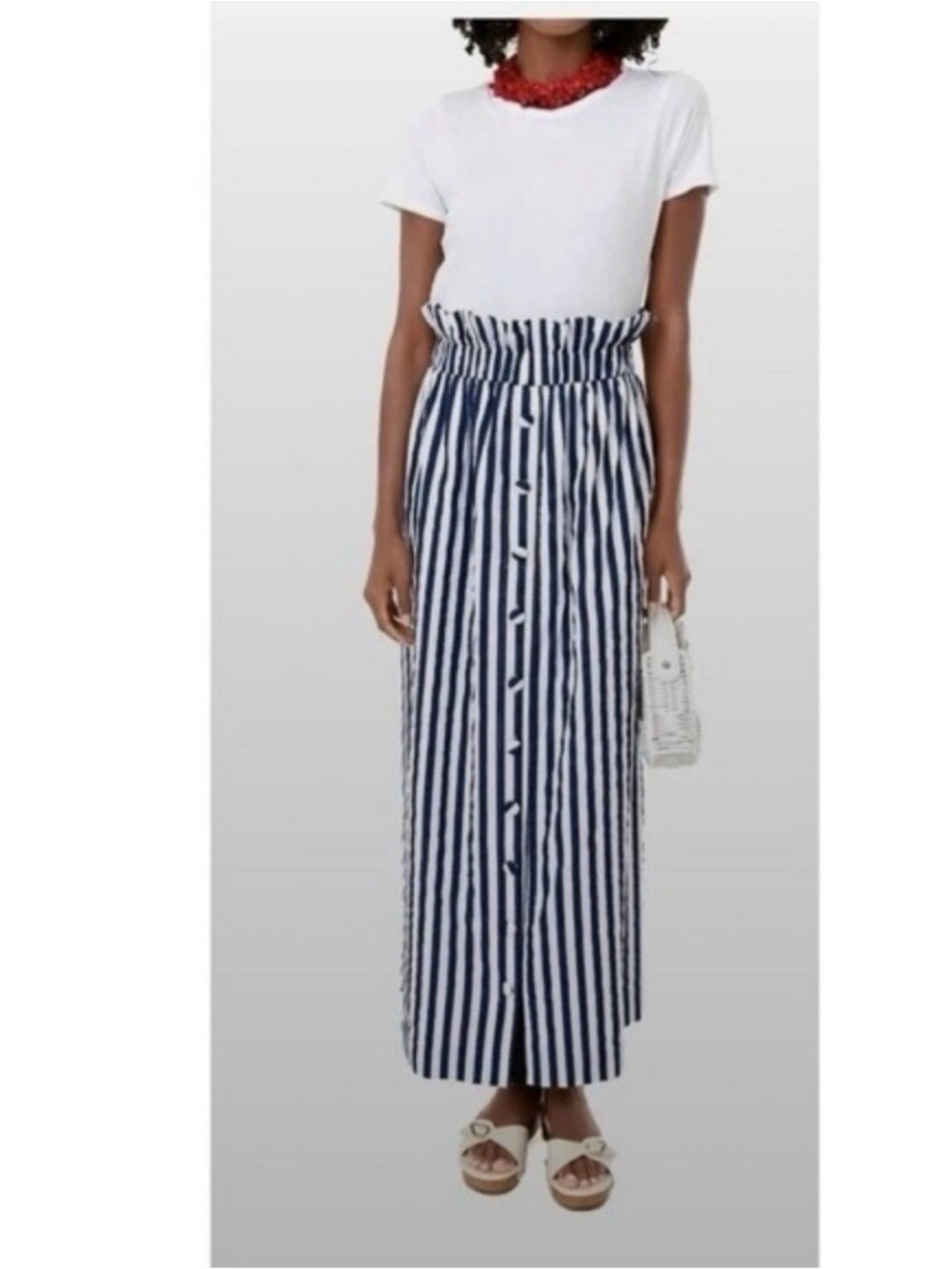Pomander Place Navy and White Striped Paperbag Waist Maxi Skirt